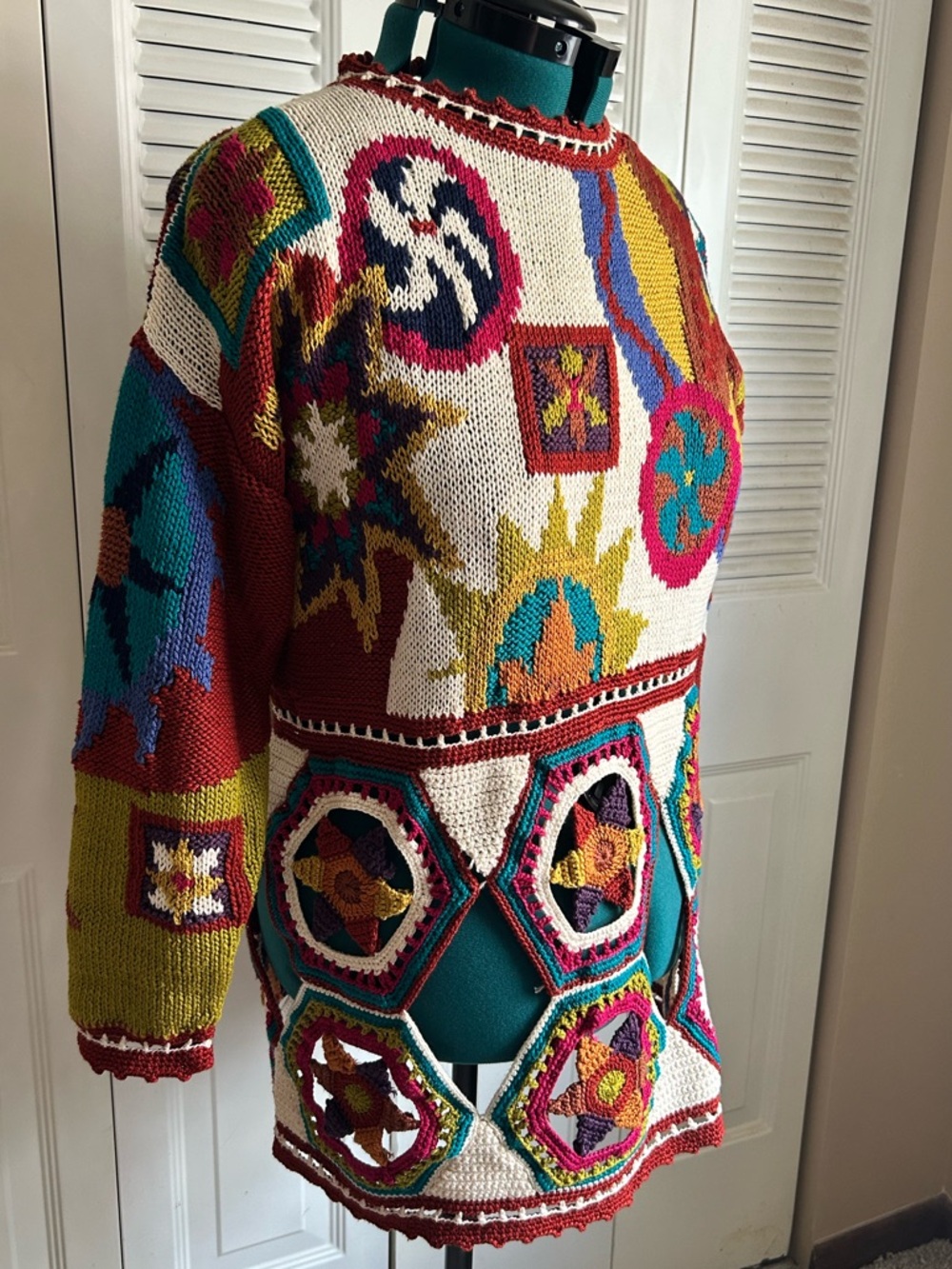 Suzanne Galat Aficionado Hand Knit Sweater Patchwork Crochet Cutout Boho Size L